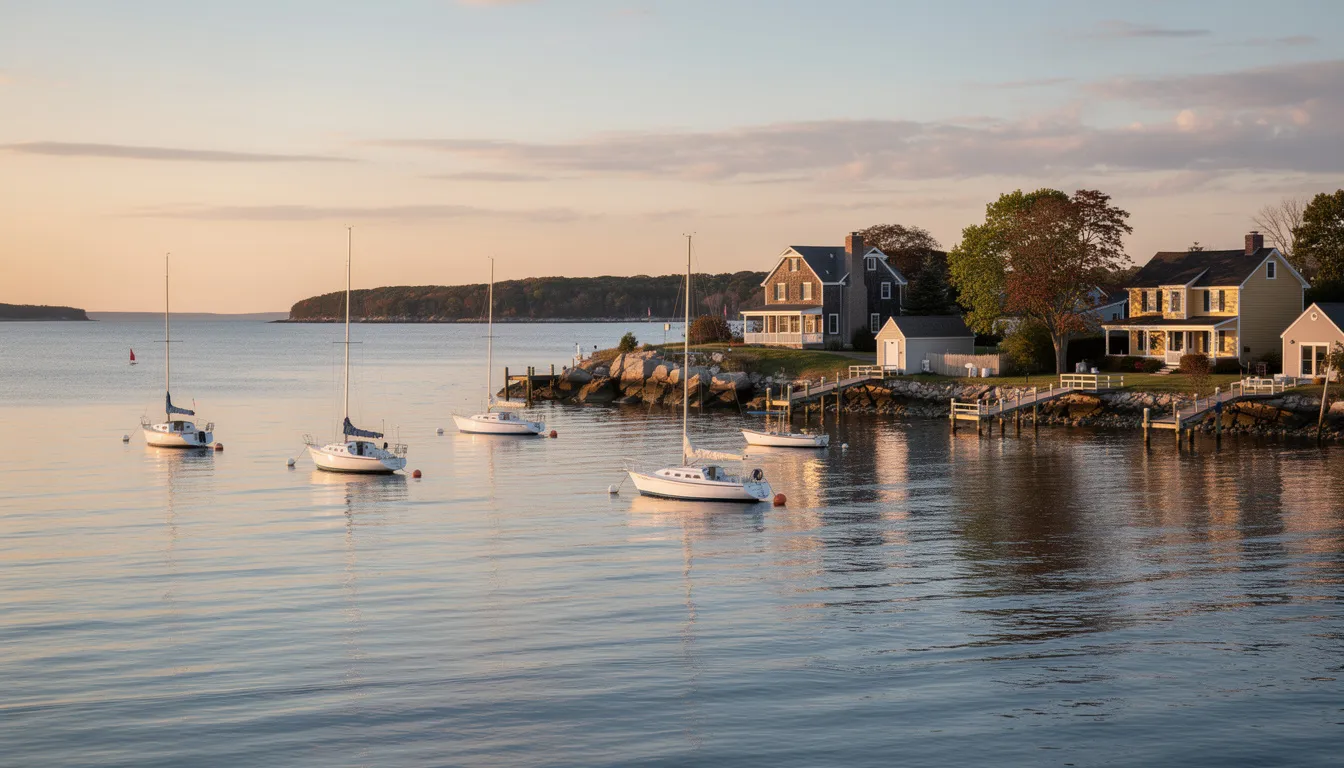 The image captures the serene Connecticut shoreline at golden hour, showcasing sailboats peacefully anchored in a calm harbor, embodying the coastal charm of Connecticut's waterfront market. This picturesque scene highlights the potential for investment properties and rental income in desirable waterfront locations, appealing to real estate investors and those seeking a slice of coastal living.