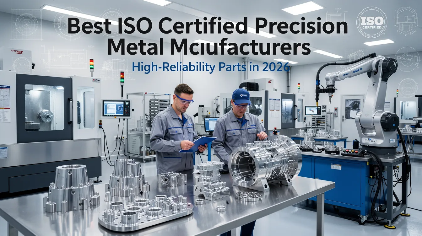 The image showcases a modern precision metal fabrication facility, emphasizing advanced technologies like CNC machining and laser cutting. It highlights the stringent quality control measures and ISO 9001:2015 certification that ensure consistent quality and reliability in manufacturing high-reliability parts for aerospace and medical devices.