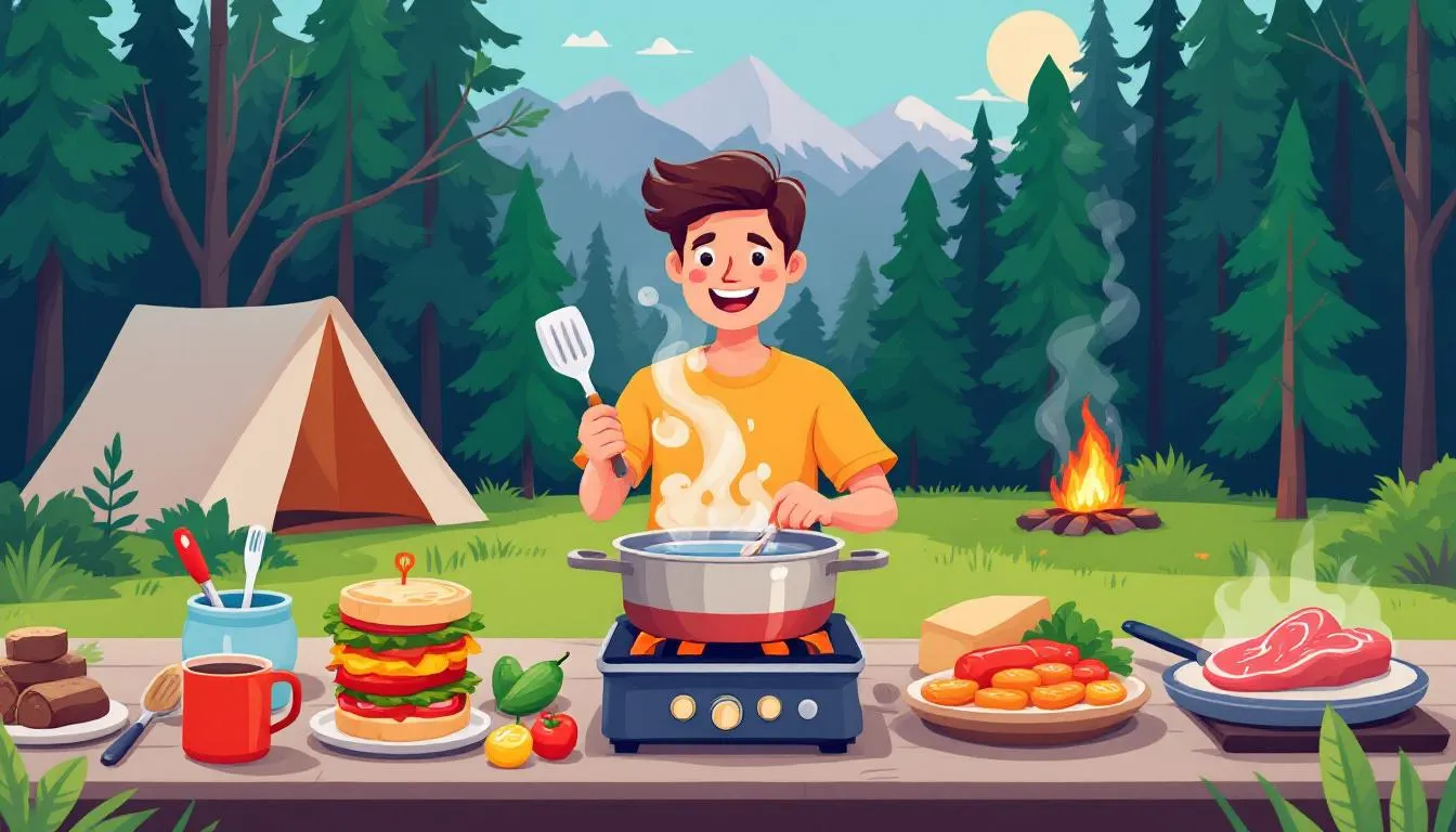 Preparing food for a camping trip, showcasing cooking utensils and camp stove.