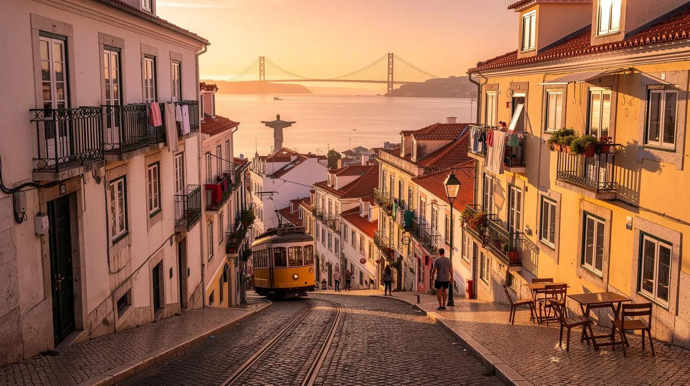 Imagem de Lisboa, Portugal, mostrando o centro histórico da cidade com suas ruas de paralelepípedos e edifícios coloridos. Ao fundo, destaca-se o majestoso Mosteiro dos Jerónimos, enquanto o clima ameno e a atmosfera vibrante da vida noturna atraem visitantes em busca de experiências culturais e gastronômicas.