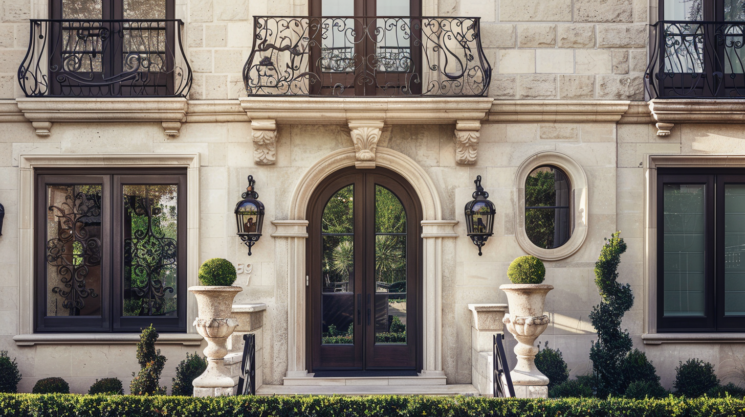 Home exterior with a blend of architectural details, showcasing style elevation through design and materials.