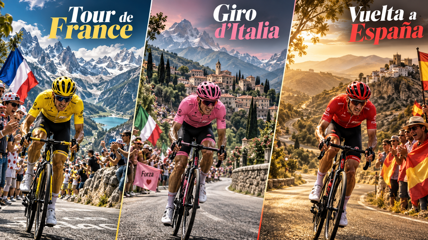Vergelijking van de drie grote wielerrondes: Tour de France, Giro d’Italia en Vuelta a España.
