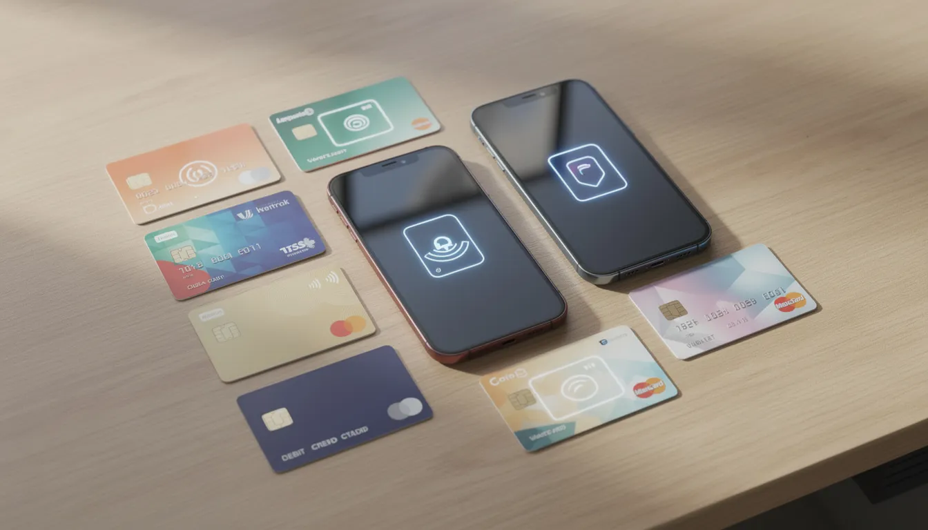 En bild som visar olika betalningskort och mobiltelefoner med ikoner för digitala plånböcker på ett träbord. Denna scen representerar moderna sätt att hantera pengar, vilket är viktigt för spelare som vill spela på online casinon som Sloty.