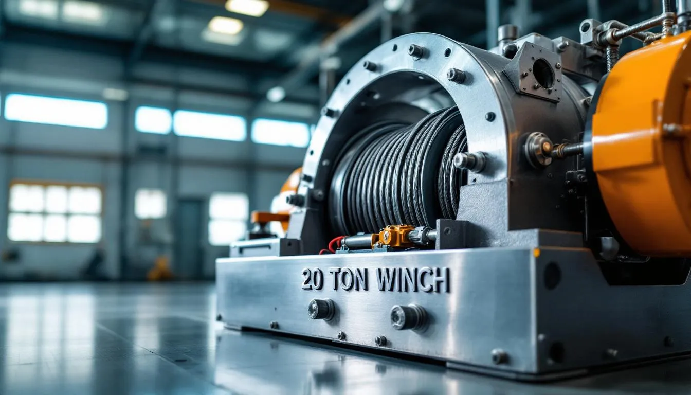 A close-up view of a 20 tons winch, showcasing its robust design.