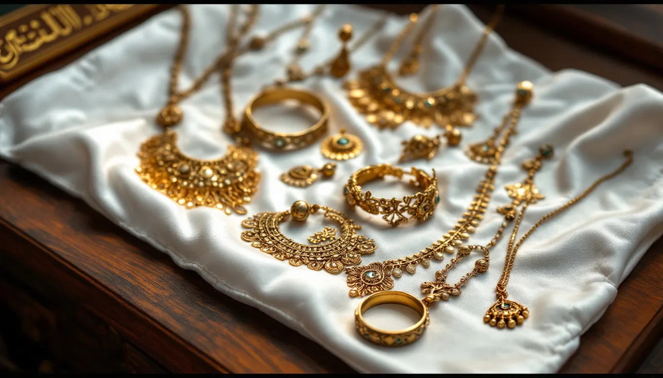 The image showcases a stunning collection of Arabic jewellery, featuring intricate designs in 18k gold and rose gold, symbolizing the enduring spirit and love of a mother. Each piece, including necklaces, rings, and bracelets, is adorned with beautiful Arabic calligraphy, reflecting meaningful stories and cultural pride.