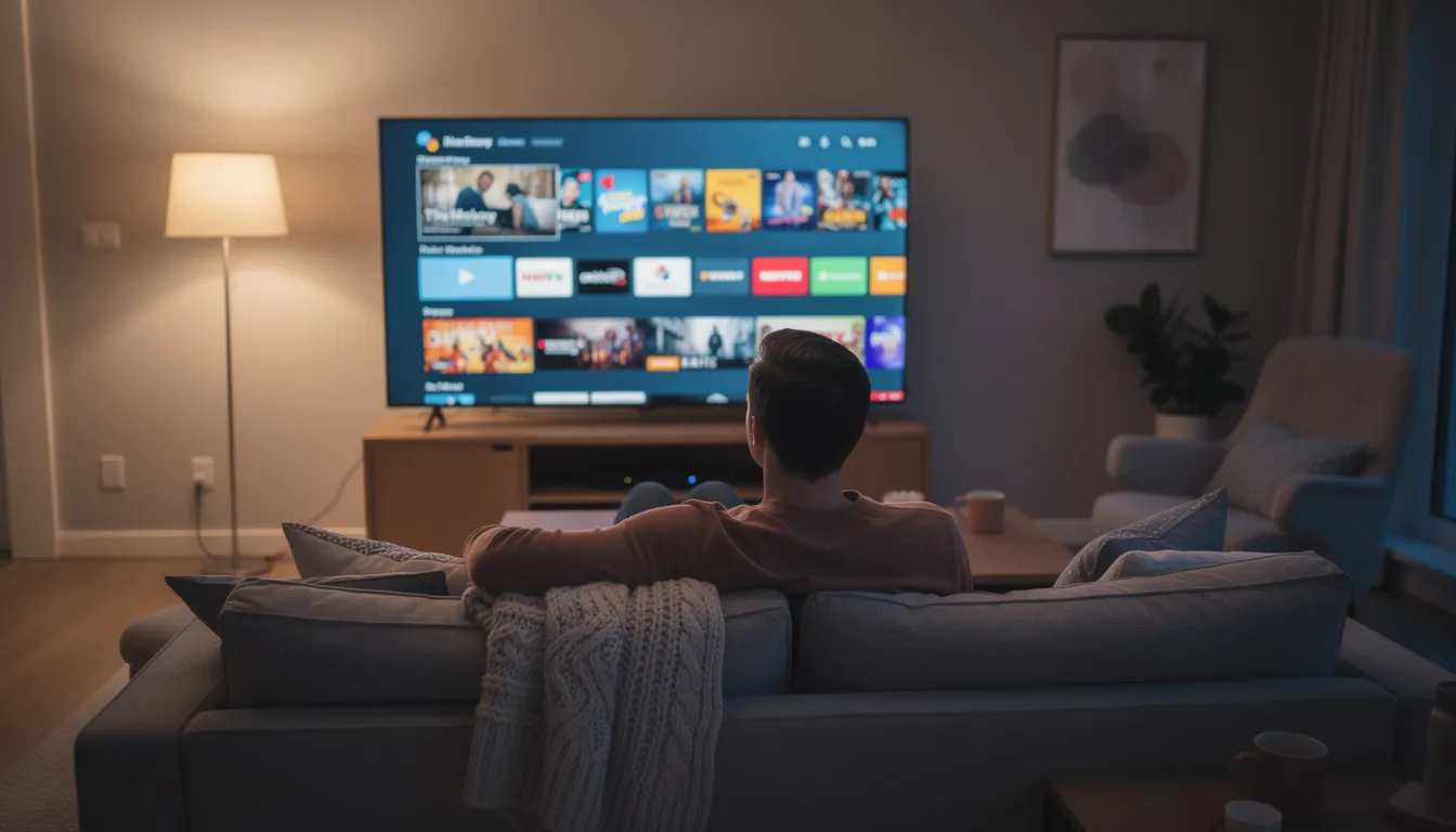A person is comfortably lounging on a couch, enjoying streaming content on a large TV screen. The scene conveys a relaxed atmosphere, ideal for using a VPN service to access geo-restricted content securely.