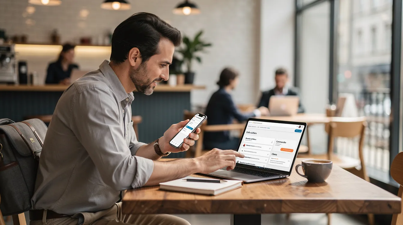 Person managing quotes and invoices from a smartphone and a tablet in a café.