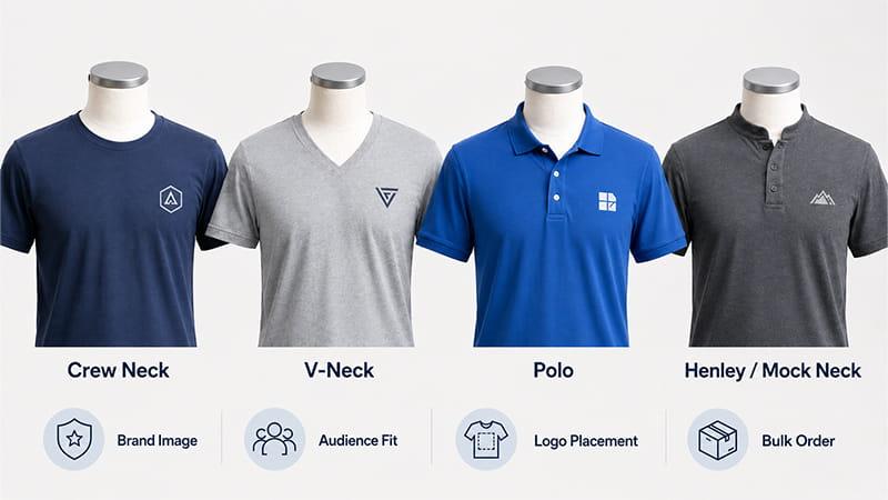 Four common shirt neck types including crew neck, V-neck, polo, and Henley mock neck for custom shirts.