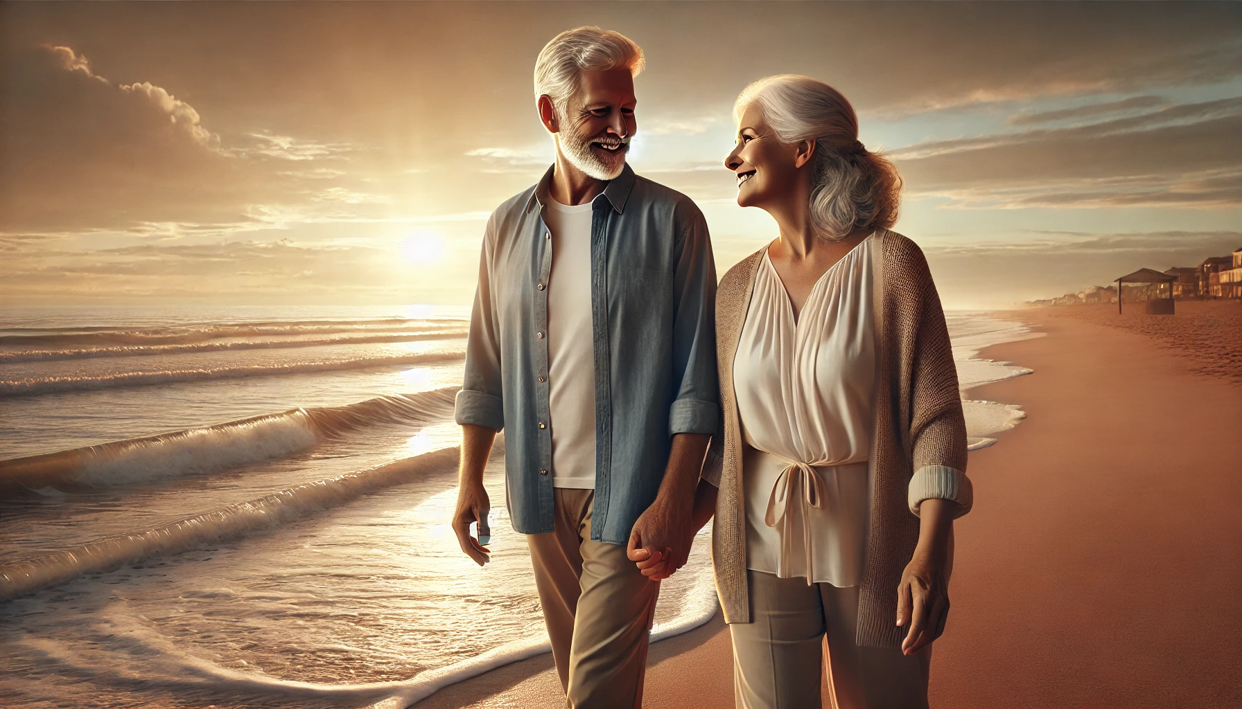 Image of a couple walking hand in hand along a beach talking 