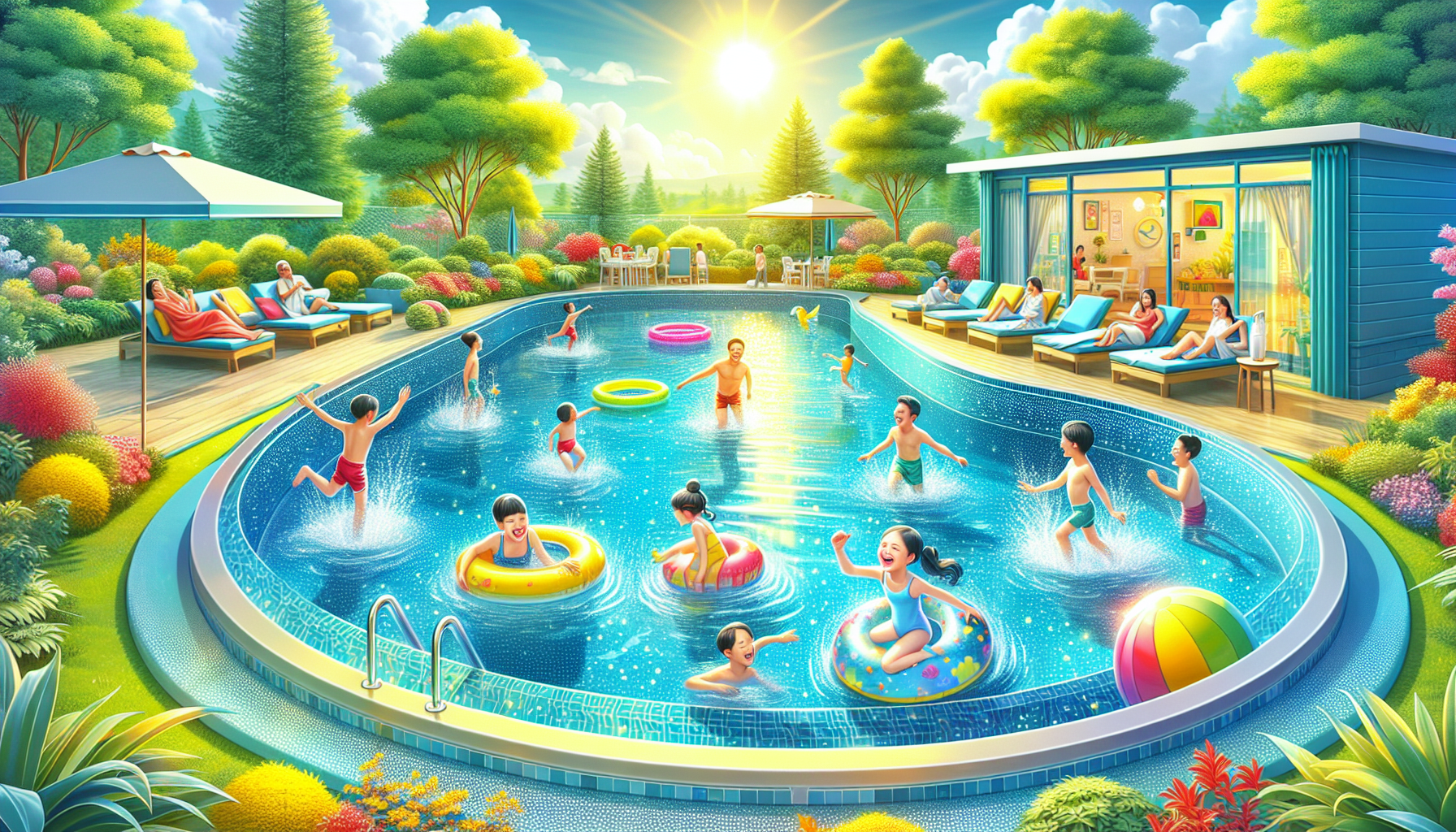 An illustration depicting the comfort and safety features of a fiberglass pool.