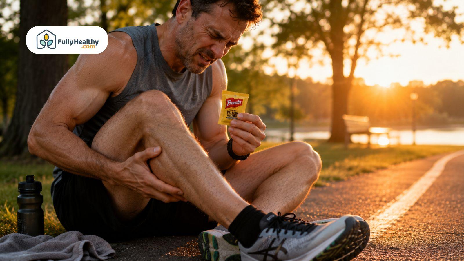 Runner experiencing leg cramp while holding mustard packet at sunset