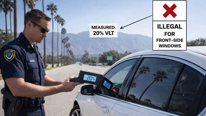 A law enforcement officer checking the VLT percentage of front side window of a car
