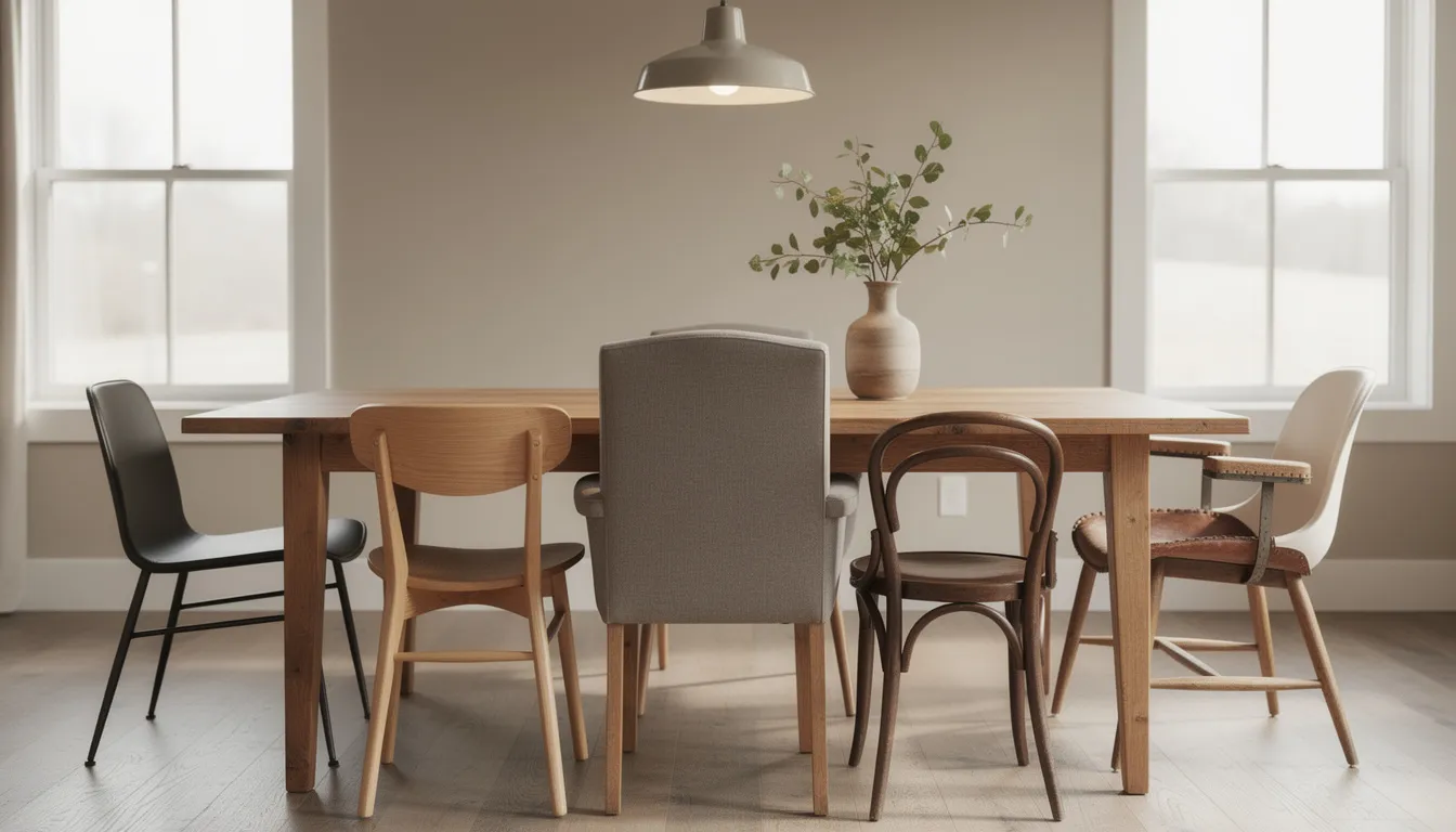 Een eethoek met een grote, robuuste houten tafel en verschillende eetkamerstoelen in diverse stijlen, die samen een intieme sfeer creëren. De combinatie van de tafel en stoelen maakt het een perfecte plek voor familie en vrienden om samen te genieten.
