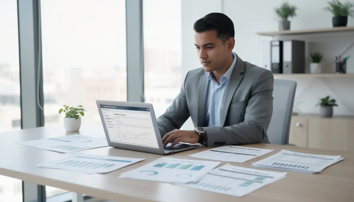 Un pequeño empresario trabaja concentrado en su laptop, rodeado de documentos en una oficina moderna, simbolizando la transformación digital para pequeños negocios. Su entorno refleja un enfoque en la digitalización y la eficiencia, esenciales para el crecimiento y la competitividad de las pymes.