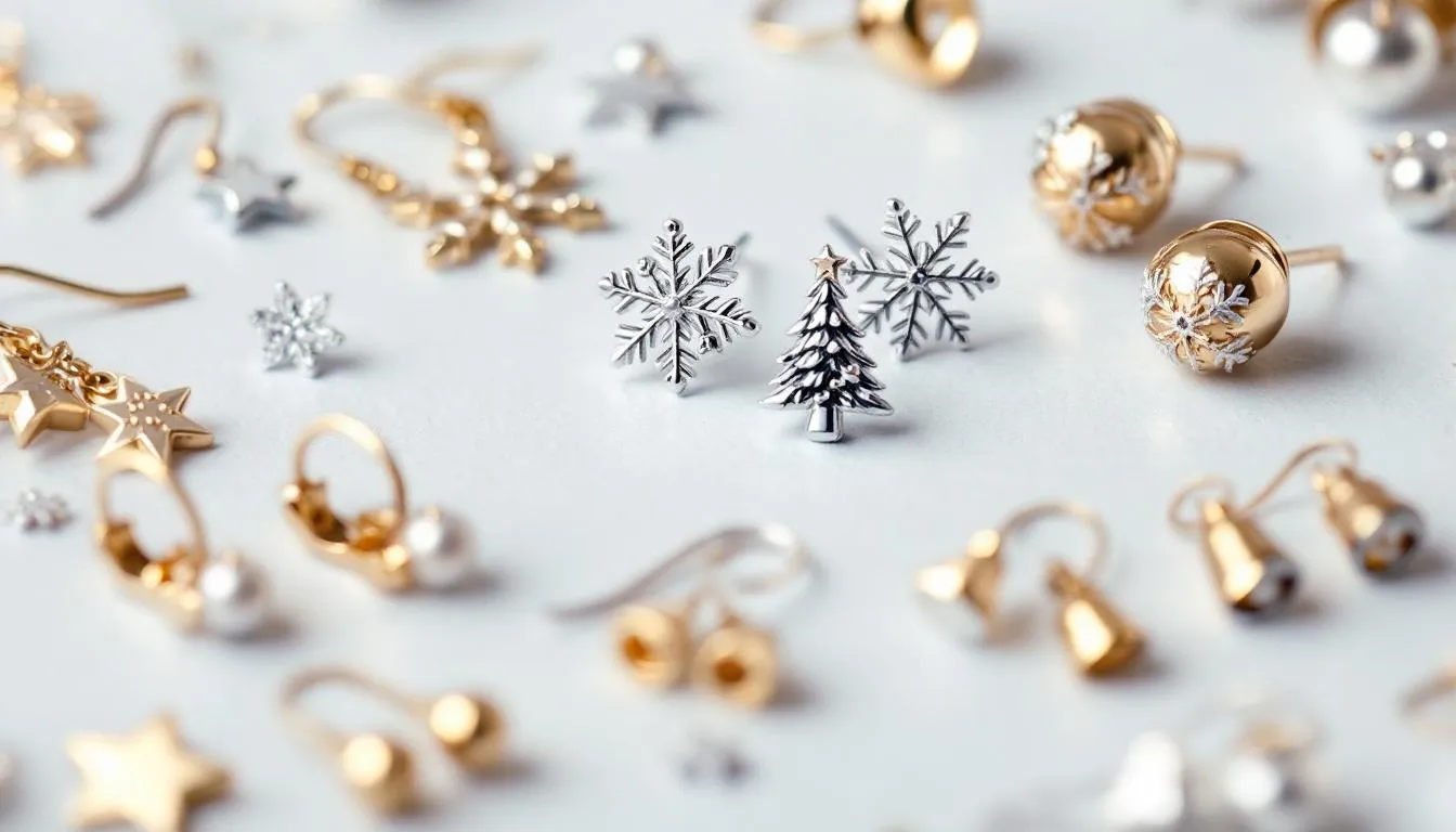 This image features a stunning collection of Christmas earrings, showcasing a variety of designs crafted from sterling silver and gold plated materials. The earrings include festive stud styles adorned with pearls and sparkling elements, perfect for holiday gifting or adding a touch of elegance to your seasonal outfits.