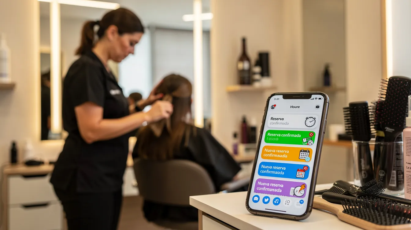 Un profesional de salón está atendiendo a un cliente mientras su teléfono muestra notificaciones de reservas confirmadas, lo que indica una gestión eficiente de citas a través de una app de agendamiento. La imagen refleja la importancia de la atención al cliente y la utilización de herramientas digitales para el crecimiento del negocio.