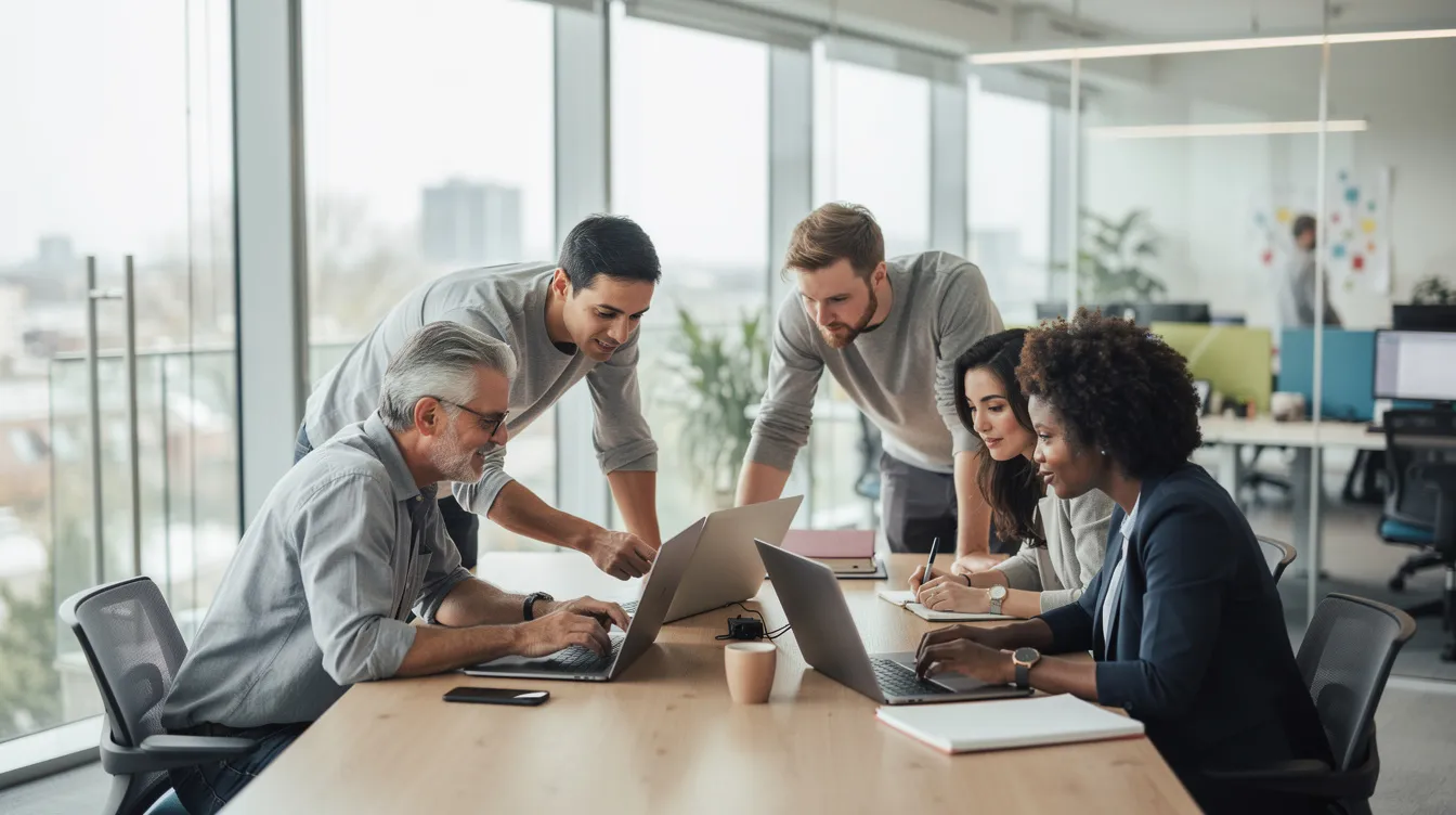 The image shows a diverse team of professionals collaborating around laptops in a modern open-plan office, emphasizing teamwork and communication. This setting highlights the importance of data management and collaboration tools, which can serve as alternatives to Microsoft Access for managing sensitive data and creating databases.