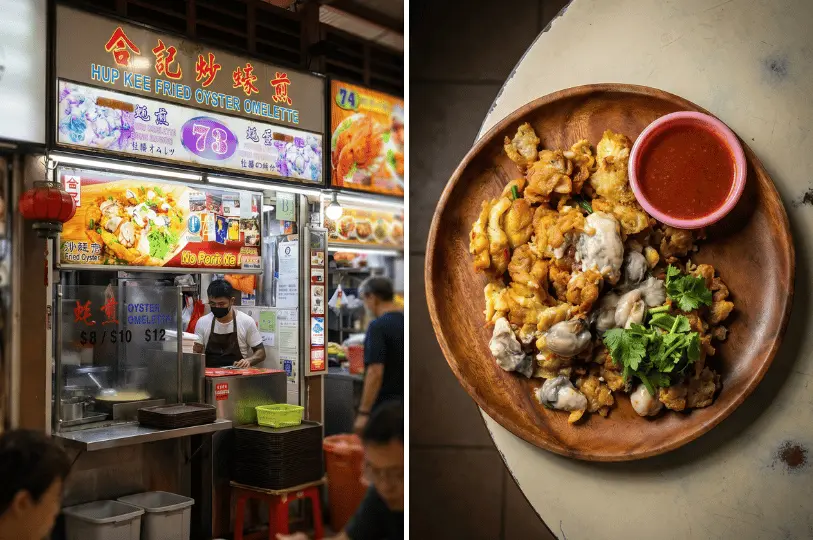 Split-screen image showing the Hup Kee Fried Oyster Omelette stall (Stall 73) with a hawker at work, next to a overhead flat-lay shot of a crispy fried oyster omelette served on a wooden plate with chili sauce.