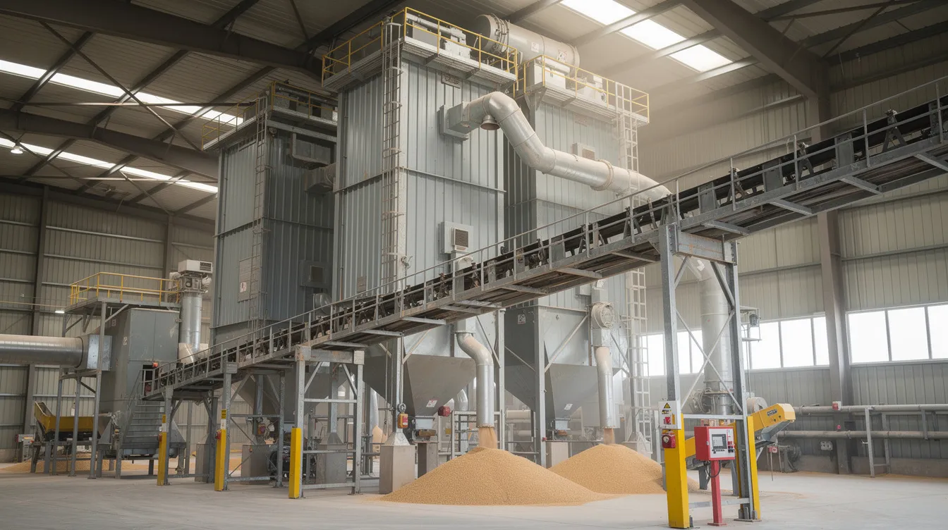 304afc82 66f8 465f a905 3cc2ef4f7104 The image depicts a large grain handling facility featuring industrial bucket elevators and conveyor systems designed for efficient grain storage and transportation. This setup is essential for minimizing post-harvest losses and enhancing food security, particularly for food grains like wheat and rice in India.
