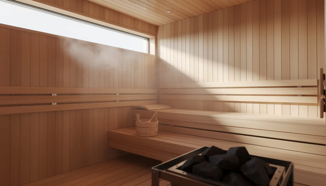 A modern indoor sauna features a high horizontal window near the ceiling, allowing soft natural light to filter in while maintaining privacy. The sauna room is designed with thermally modified wood and includes upper and lower benches for users to relax comfortably.