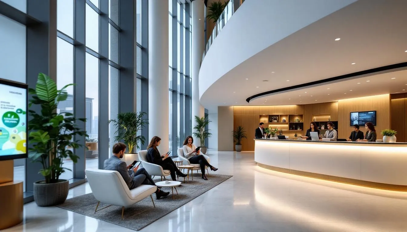 Guests using mobile devices to book rooms in a modern hotel lobby, emphasizing the importance of mobile optimization and digital marketing strategies in boosting direct bookings and customer acquisition.