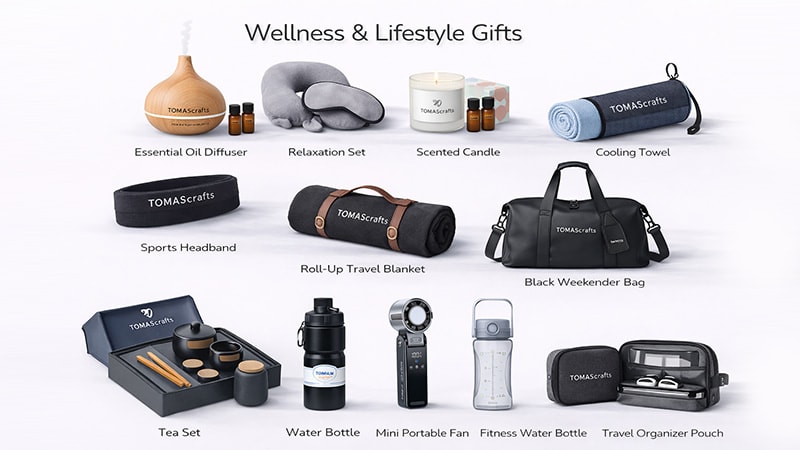 Wellness gift items lineup: diffuser, candle, cooling towel, gym bag, fan and travel pouch