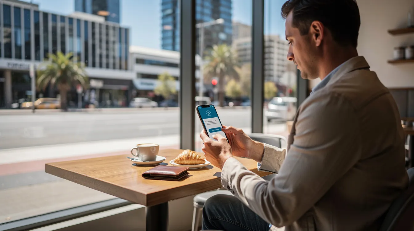 A person is seated at a café, focused on their smartphone as they initiate a money transfer to the Philippines, with a vibrant Australian cityscape visible through the window. The scene captures the ease of sending money online, highlighting the convenience of mobile wallets and international money transfers.
