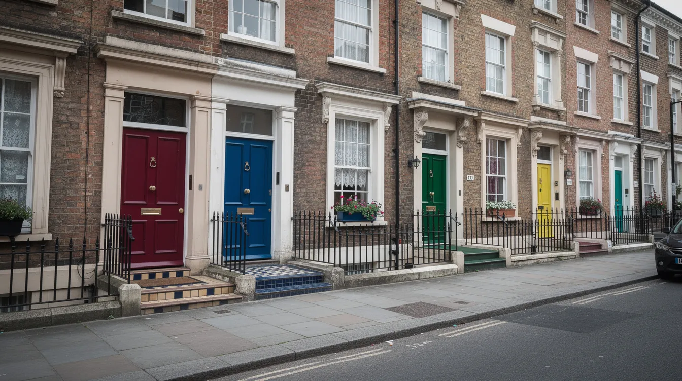 The image depicts a charming row of Victorian terraced houses, each adorned with colorful front doors, set along a quaint British street. The vibrant hues of the doors add a lively touch to the traditional architecture, inviting onlookers to appreciate the unique character of the neighborhood.