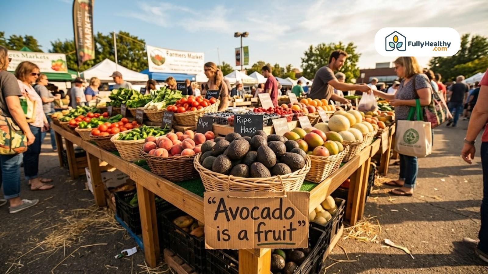 Farmers market stall displaying avocados and fresh produce with shoppers browsing