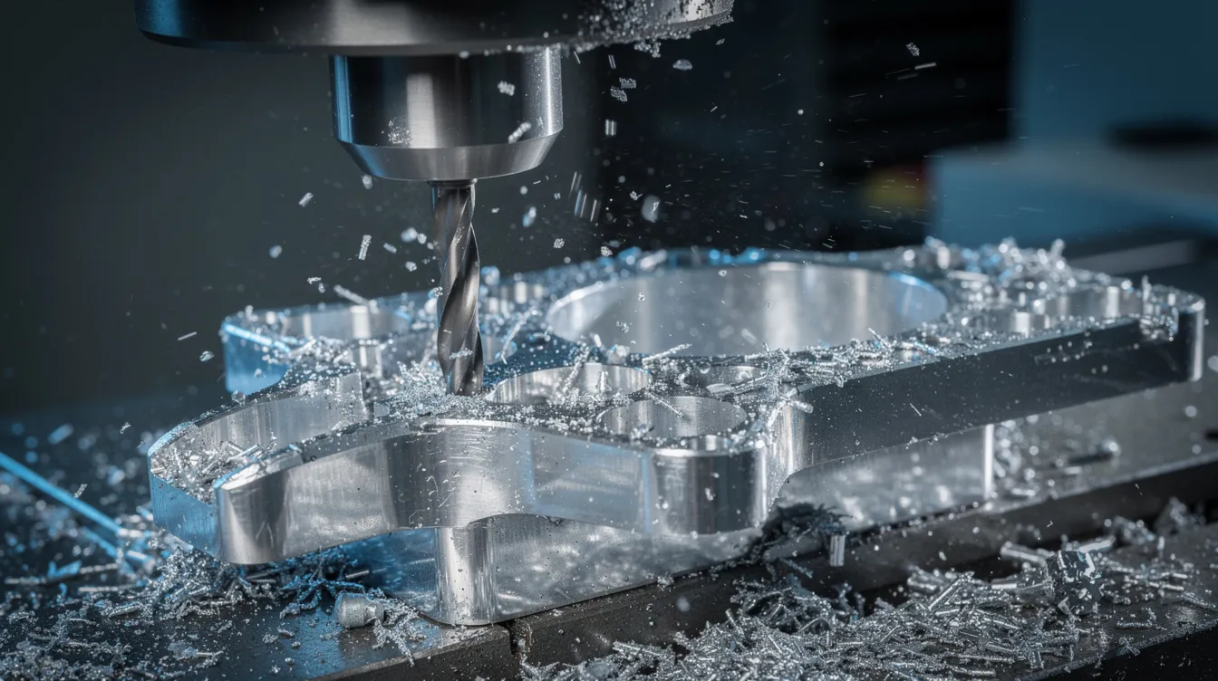 A close-up view of a CNC milling machine is shown as it precisely cuts an aluminum aerospace bracket, with coolant visibly flowing over the workpiece to ensure optimal performance. This image highlights the excellence in precision metal manufacturing and engineering capabilities essential for industries such as aerospace and defense.