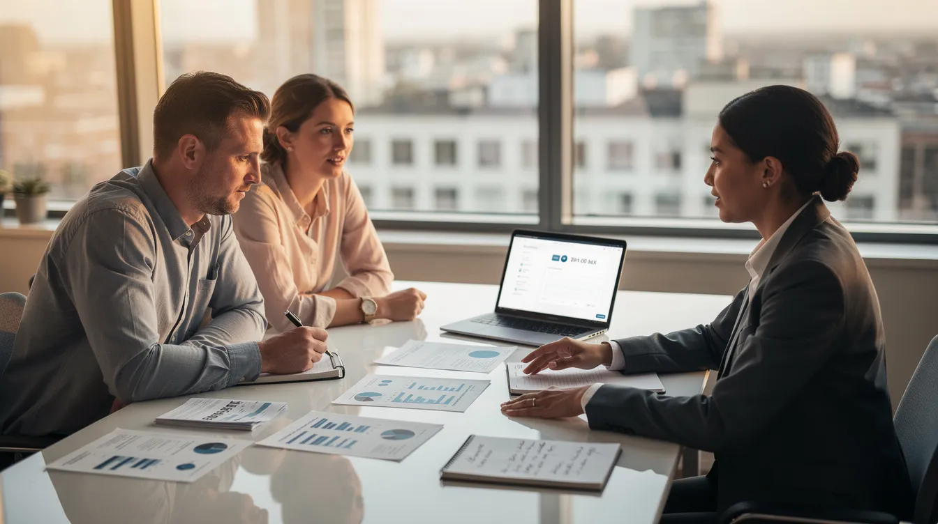 A financial advisor is seated at a table with a couple, discussing their financial goals while reviewing documents and a laptop. The meeting emphasizes proactive tax planning strategies to help the couple maximize deductions and prepare for their tax return, ensuring they are ready to file ahead of time.