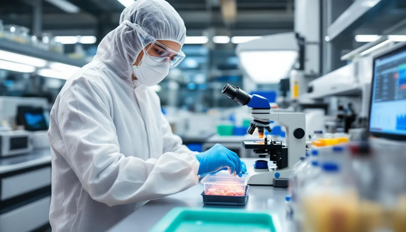 A professional wearing personal protective equipment is carefully examining a fecal sample in a laboratory setting, highlighting the importance of handling bio hazardous materials to prevent the spread of infectious diseases. The focus on proper precautions underscores the risks associated with human waste and its potential impact on human health.