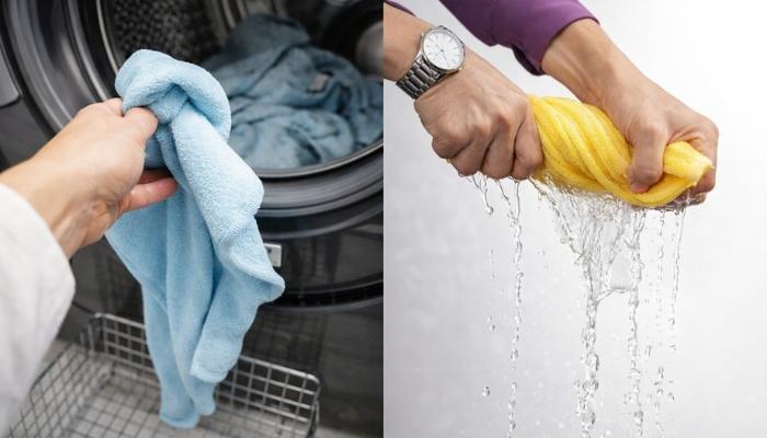 Microfiver towel being washed in machine while chamois towel being hand washed