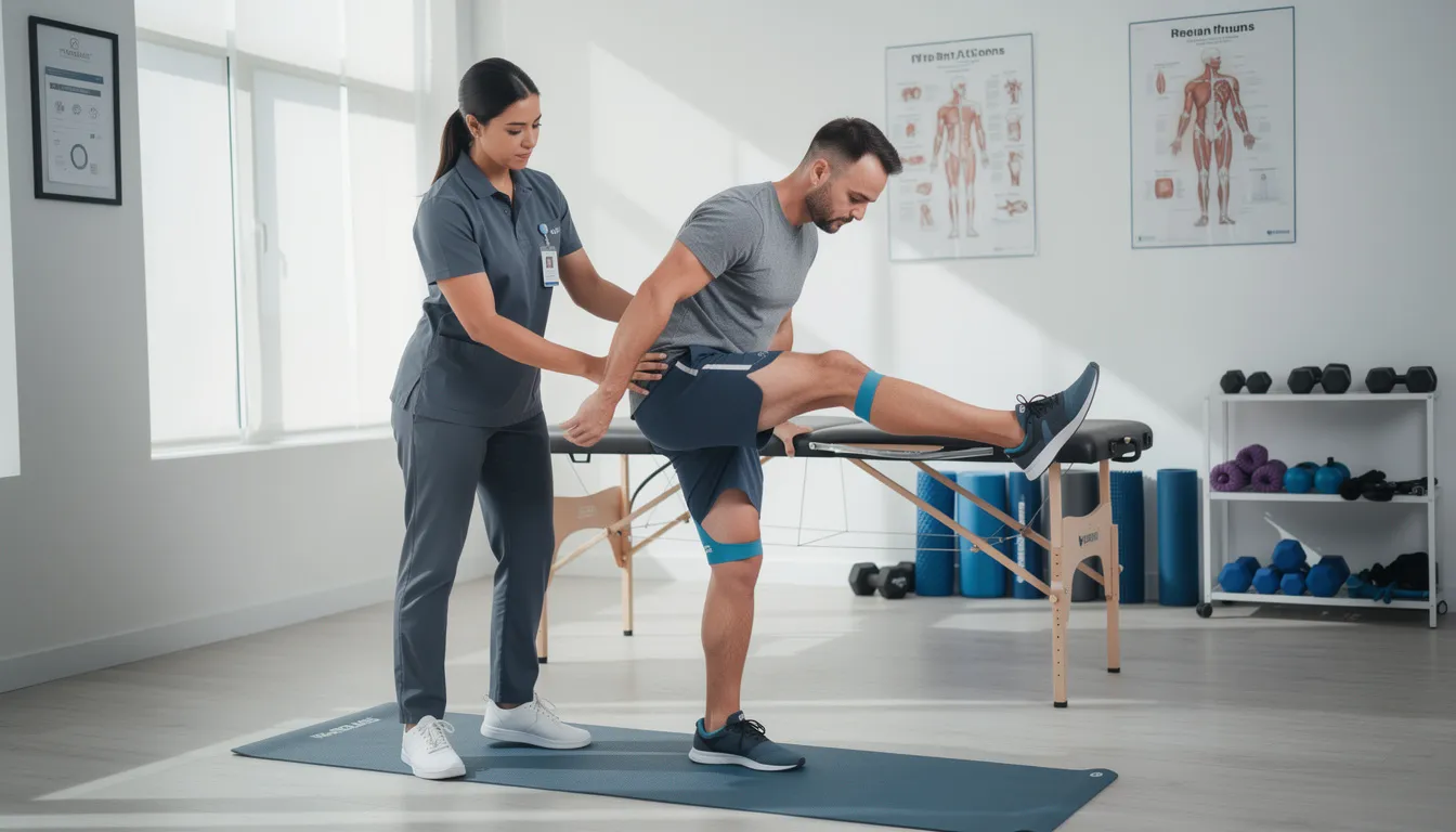 A physical therapist is assisting a patient with hip exercises in a clinic, focusing on strengthening the hip muscles to alleviate burning pain and improve stability in the hip joint. The therapist demonstrates proper techniques to help treat hip pain and prevent further injuries.