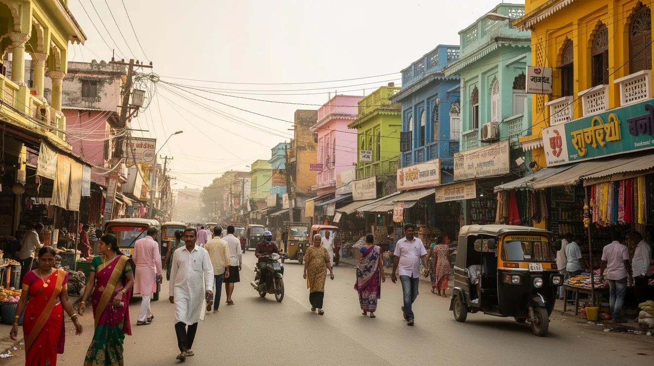 A vibrant street scene in Rajkot, Gujarat, showcases colorful buildings bustling with people walking by, reflecting the lively atmosphere of the city. This image captures the essence of daily life in India, where banks like Rajkot Nagrik Sahakari Bank play a vital role in the community's financial activities.