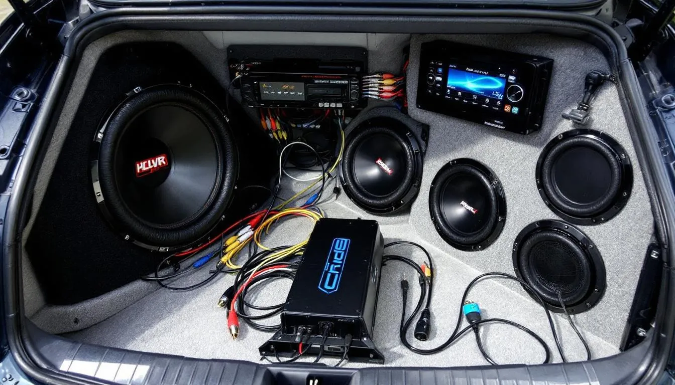 The image showcases a professional car audio installation featuring various brand components such as amplifiers, speakers, and a head unit, all set up in a vehicle. This detailed display highlights the quality and performance of different car audio systems, emphasizing the upgrade options available for customers seeking to enhance their music experience while driving.