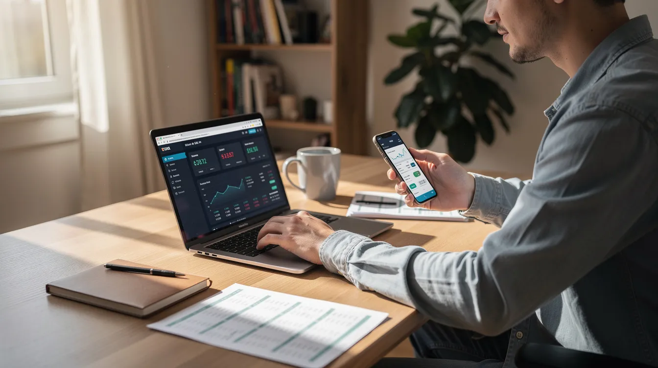 A person is seated at a home desk, focused on managing their finances using a laptop and smartphone, representing the ease and opportunity offered by the Roshan Digital Account for overseas Pakistanis. This setup reflects the initiative to enhance financial engagement with Pakistan's economy through digital platforms.