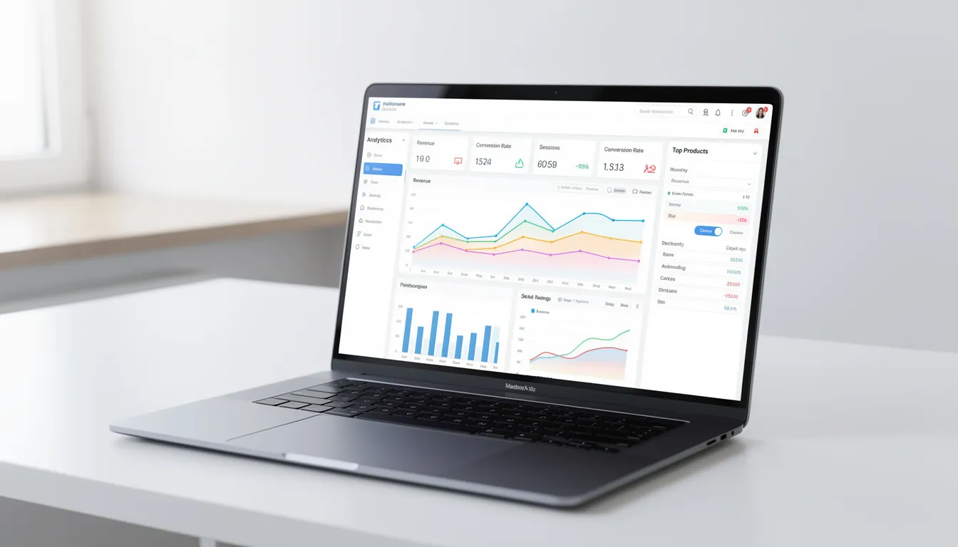 The image shows a laptop screen displaying an ecommerce analytics dashboard filled with various graphs and metrics, highlighting online sales performance and market trends. This dashboard is essential for online businesses to identify high demand products and conduct thorough market research to optimize their product offerings and attract customers.