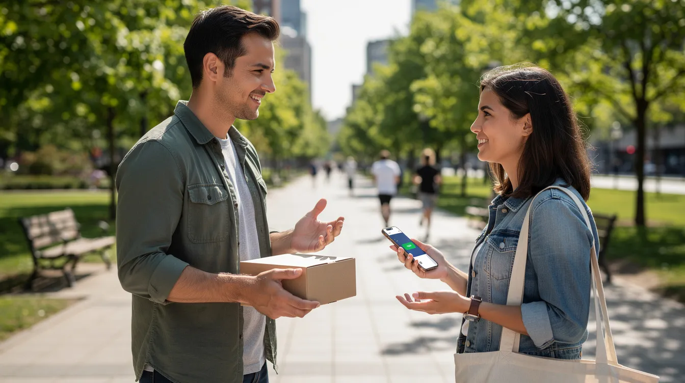 Two people are meeting outdoors in a public space to complete a local marketplace transaction, exchanging items like fashion and lifestyle products. This scene captures the essence of local buying and selling, reminiscent of platforms like Facebook Marketplace or other popular eBay alternatives.