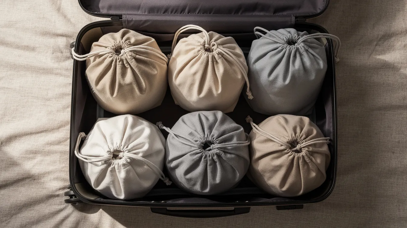 An open suitcase contains several pairs of shoes, each individually wrapped in drawstring bags, neatly arranged at the bottom. This method helps to separate dirty items from clean clothes while packing for a trip, ensuring a tidy luggage compartment.
