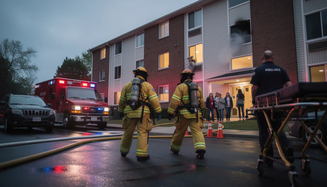 Emergency responders are seen approaching a residential building that appears to be in a state of severe domestic squalor, possibly indicating a situation involving individuals suffering from Diogenes syndrome or severe self-neglect. The scene highlights the urgent need for intervention due to the potential risks associated with mental health conditions and hoarding disorders.