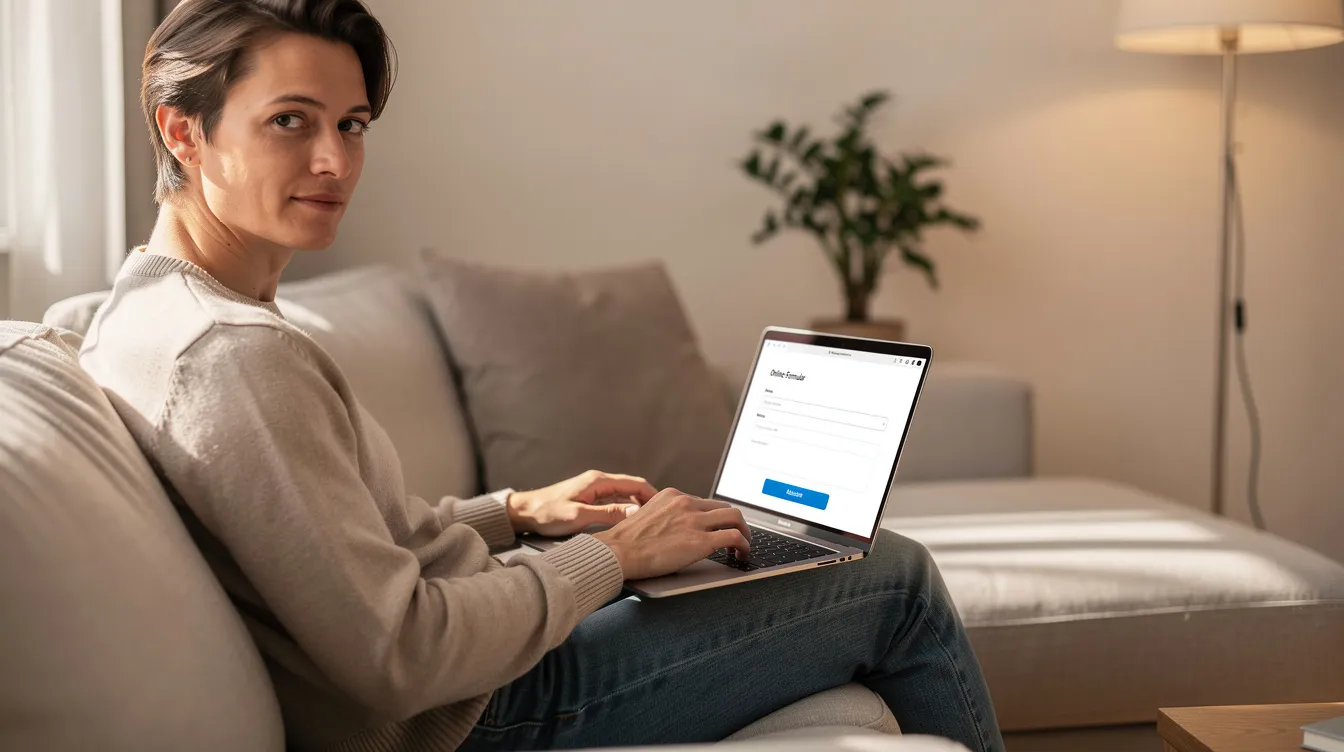 Eine Person sitzt entspannt auf einem Sofa und füllt mit ihrem Laptop ein Online-Formular für den Wohngeldantrag aus. Auf dem Bildschirm sind Informationen zu den Voraussetzungen und dem Anspruch auf Wohngeld in Nordrhein-Westfalen zu sehen.