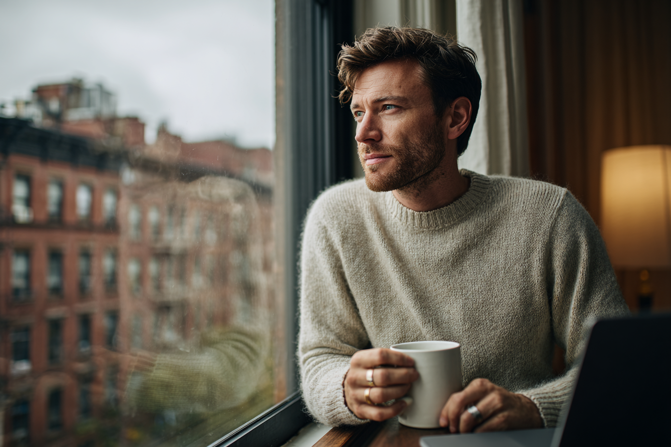 Reflective moment for a New York professional after an online men's group therapy session
