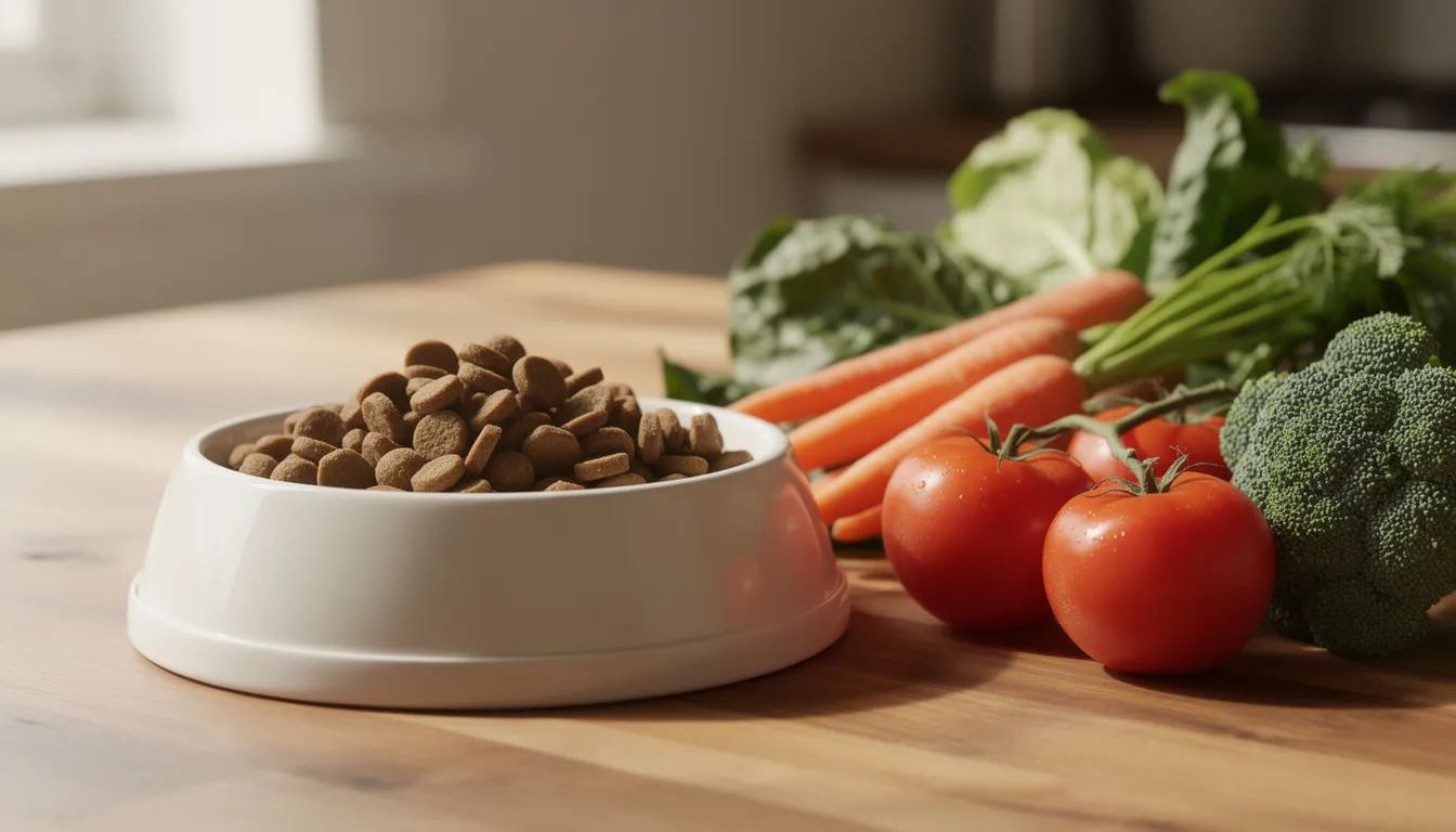 Na obrazku znajduje się miska z karmą dla psa, ustawiona obok świeżych warzyw, co sugeruje zdrową dietę psa. Taki zestaw może wspierać prawidłowe funkcjonowanie układu pokarmowego czworonoga i przyczynić się do jego zdrowia.