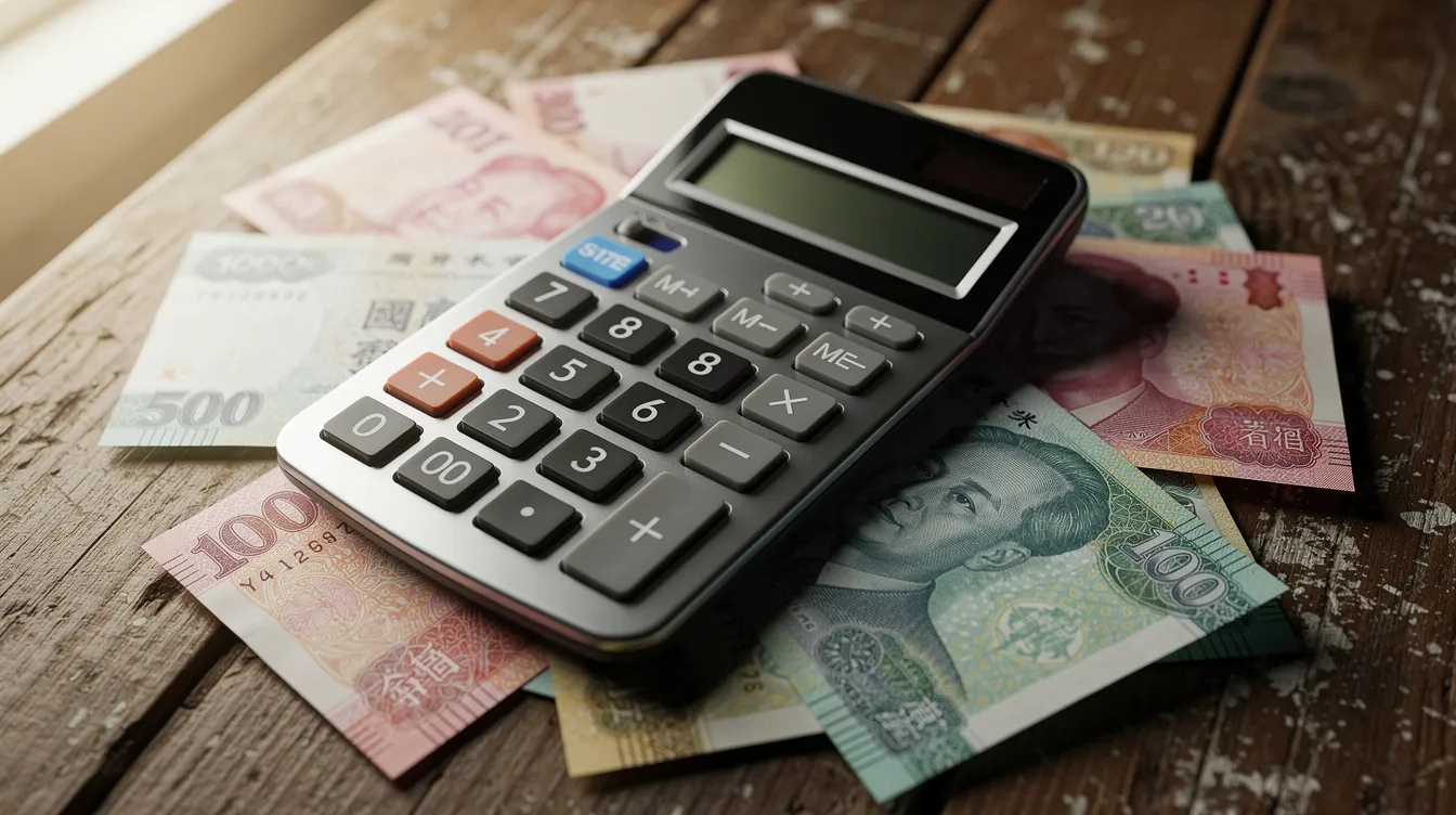 The image shows a calculator resting on a stack of Hong Kong dollar banknotes, all placed on a wooden table. This scene suggests a focus on financial calculations, possibly related to 免 tu 貸款 or personal loans.