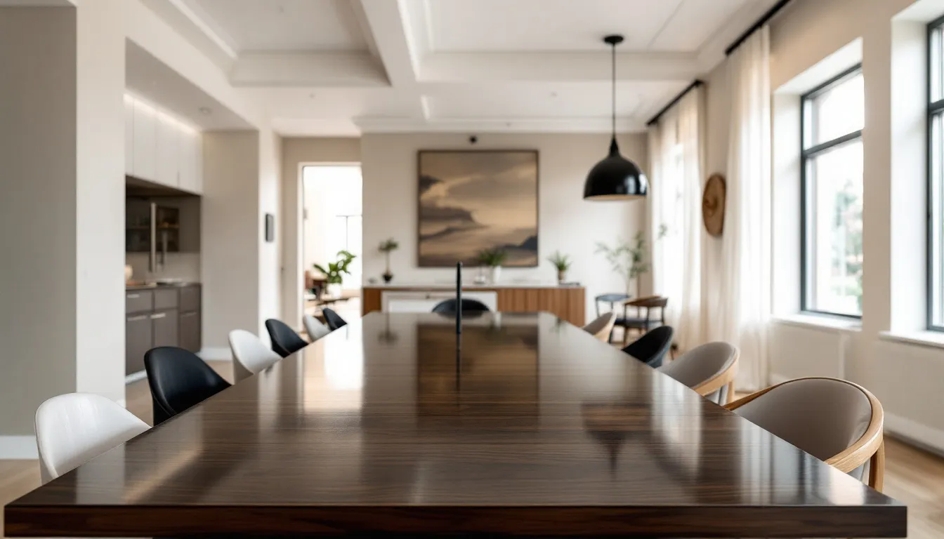 The image depicts a spacious modern dining room featuring a large dining table surrounded by a variety of stylish modern dining chairs, including upholstered dining chairs and armless chairs, all designed to create a welcoming atmosphere for guests. The room showcases a blend of materials and colors, enhancing its elegant and timeless style.