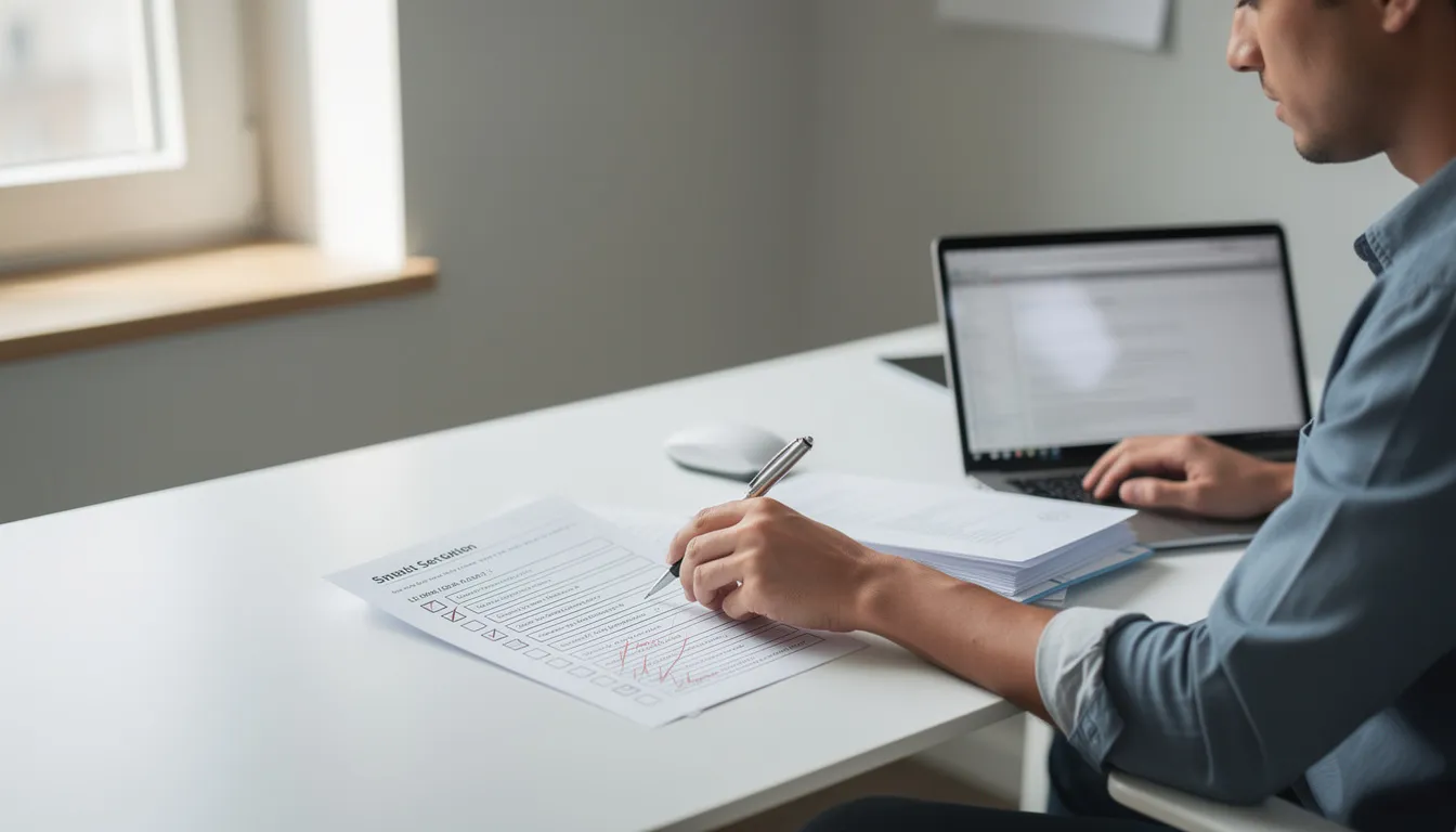 The image depicts a person sitting at a desk, reviewing documents while using a laptop, with a checklist visible beside them. This scene reflects the process of managing marketing services and strategies for business development, emphasizing the importance of organization in achieving success in the digital marketing space.