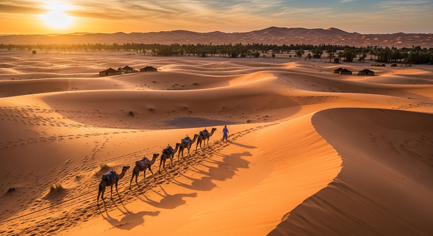 Camel caravan crossing the golden sand dunes of the Sahara Desert near Merzouga, Morocco, at sunset, with long shadows, Berber tents in the distance, and palm trees along the horizon.