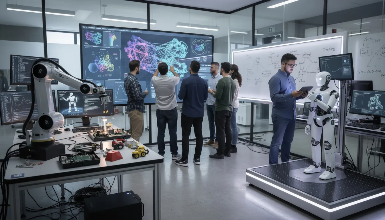 The image depicts a modern technology innovation lab where researchers are actively engaged in developing artificial intelligence systems and robotic technologies. Various advanced tools and interconnected devices are visible, highlighting the focus on technological advancements and problem-solving in the fields of machine learning and robotics.