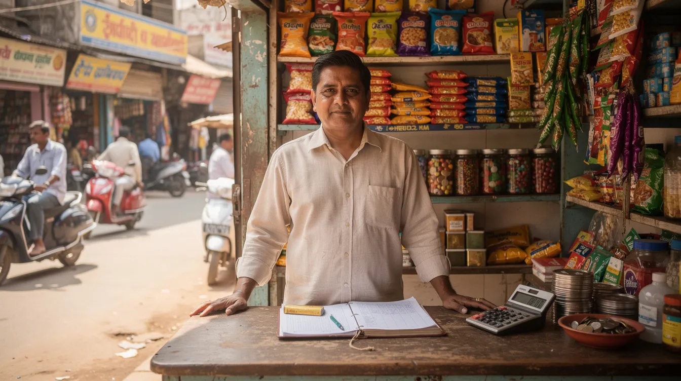 306f402b 32ba 4500 81f0 19cd9e4310c7 A small business owner stands confidently at the counter of their local shop in an Indian market town, showcasing their successful venture as a beneficiary micro unit. This entrepreneur, likely eligible for financial assistance through schemes like the Pradhan Mantri Mudra Yojana, represents the growth and development of micro enterprises engaged in trading and services.